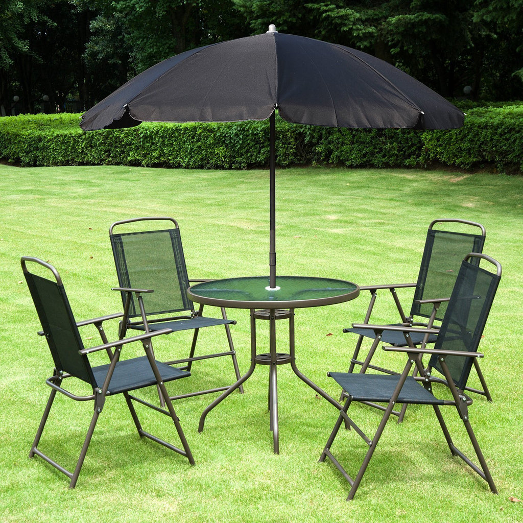 Luxury 6-Piece Garden Bistro Set — Aluminium Table, 4 Folding Chairs & Parasol in Black