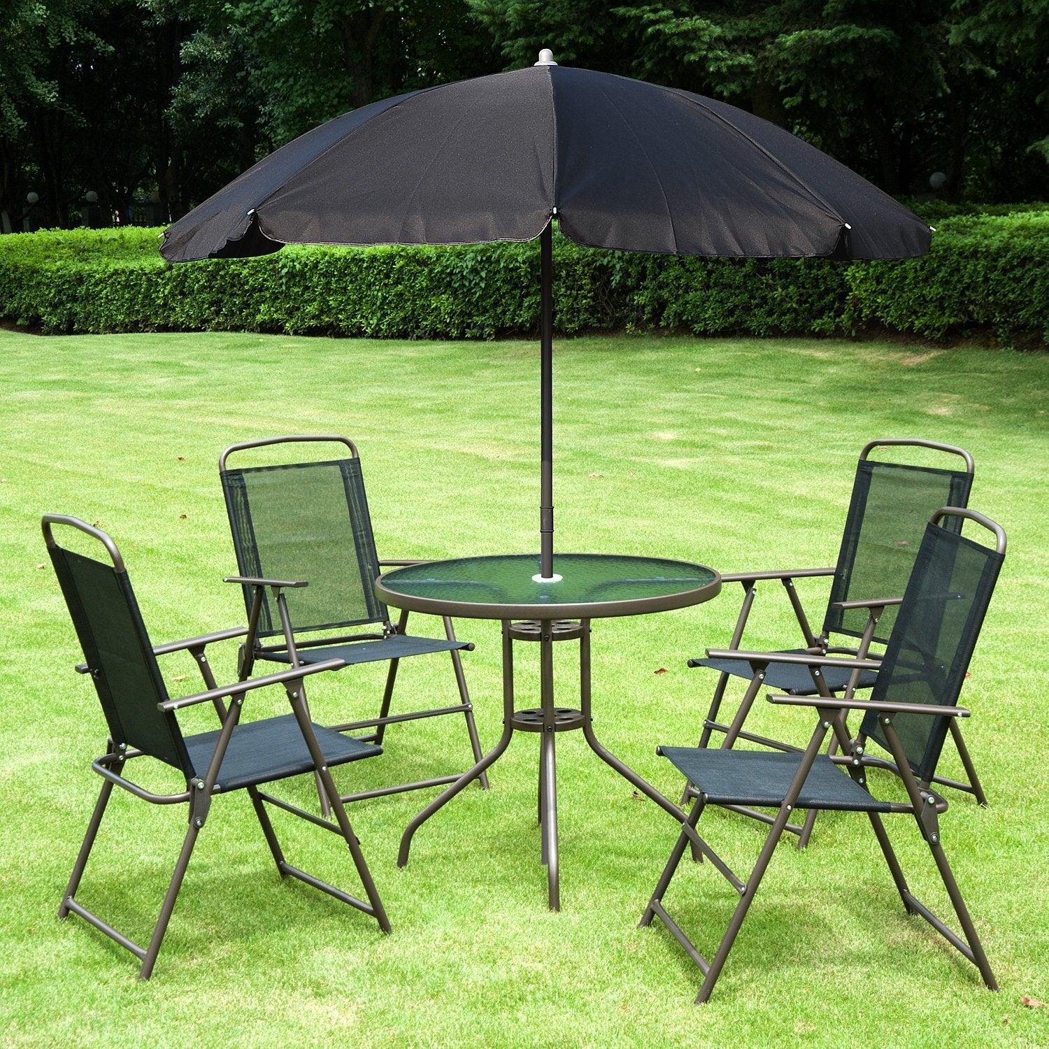 Luxury 6-Piece Garden Bistro Set — Aluminium Table, 4 Folding Chairs & Parasol in Black