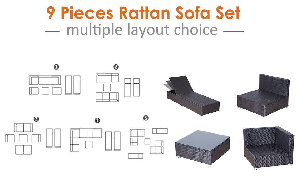 Luxury 9-Piece Rattan Garden Sofa & Lounger Set — PE Wicker with Cushions & Coffee Table in Dark Coffee