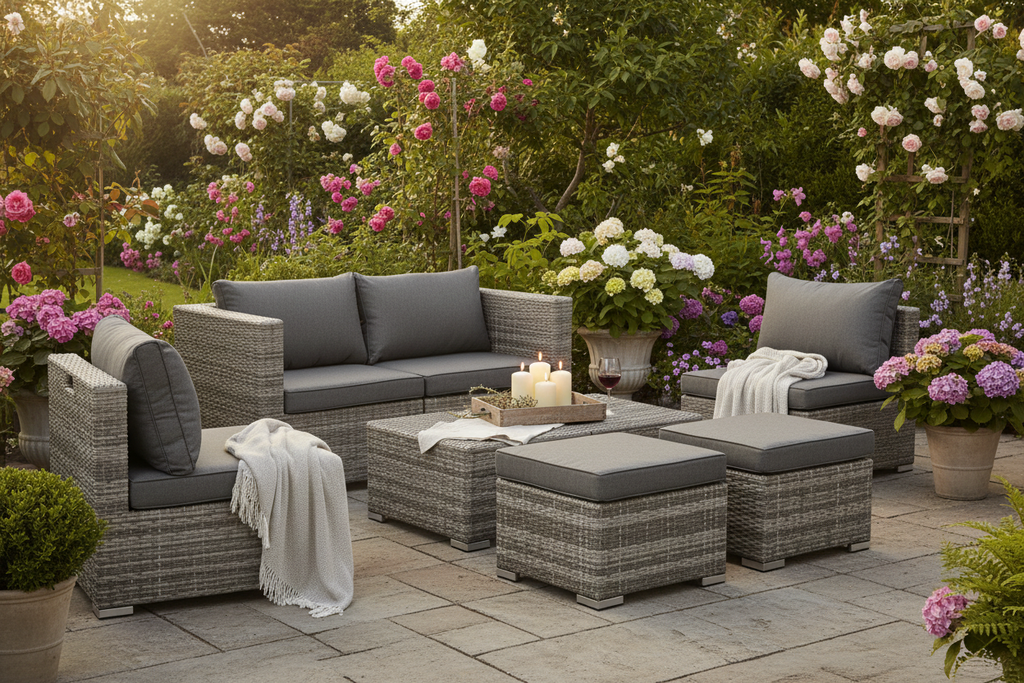 Luxury grey rattan garden corner sofa set styled in an elegant English garden setting