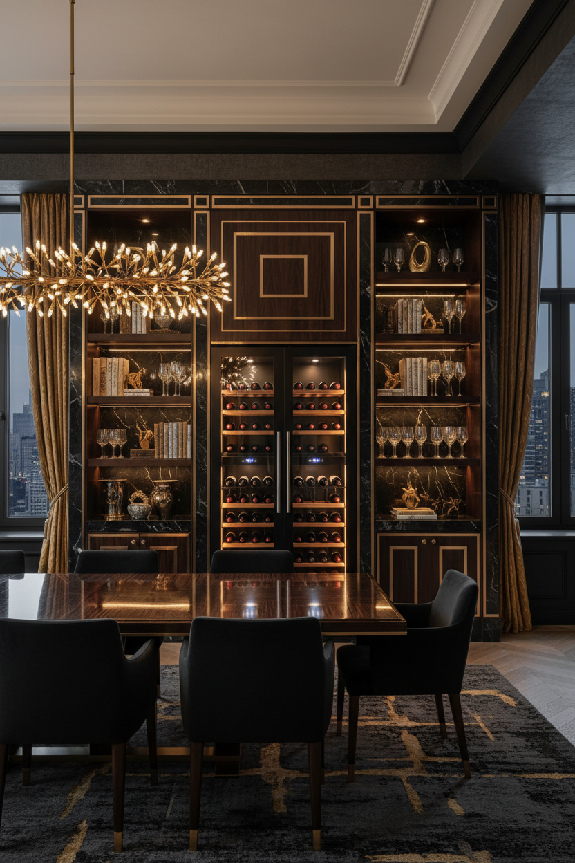 Black wine fridge with LED glow displaying wine bottles in a sophisticated luxury dining room