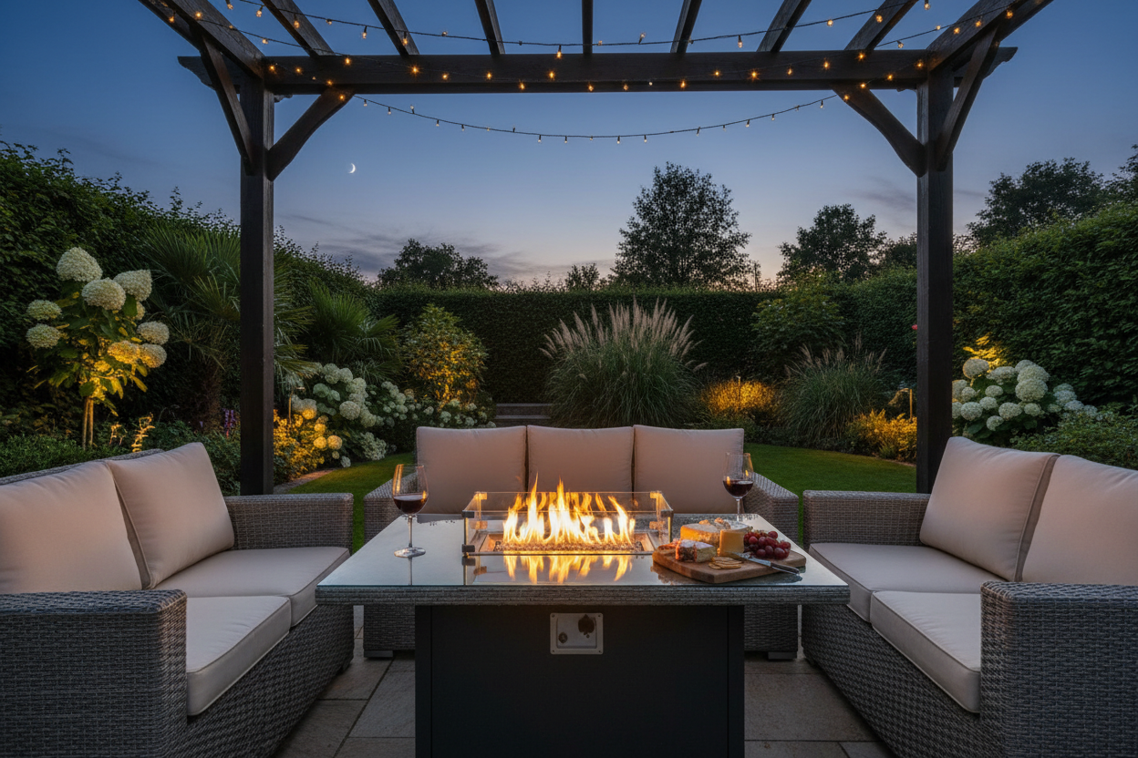 Luxury grey rattan sofa set with glowing fire pit table at dusk, wine glasses and fairy lights