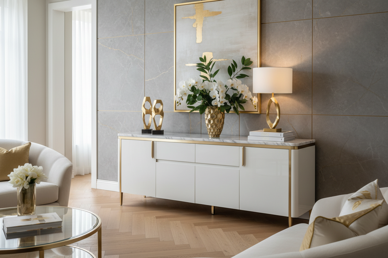 White and gold sideboard credenza with marble top styled in a luxurious modern living room