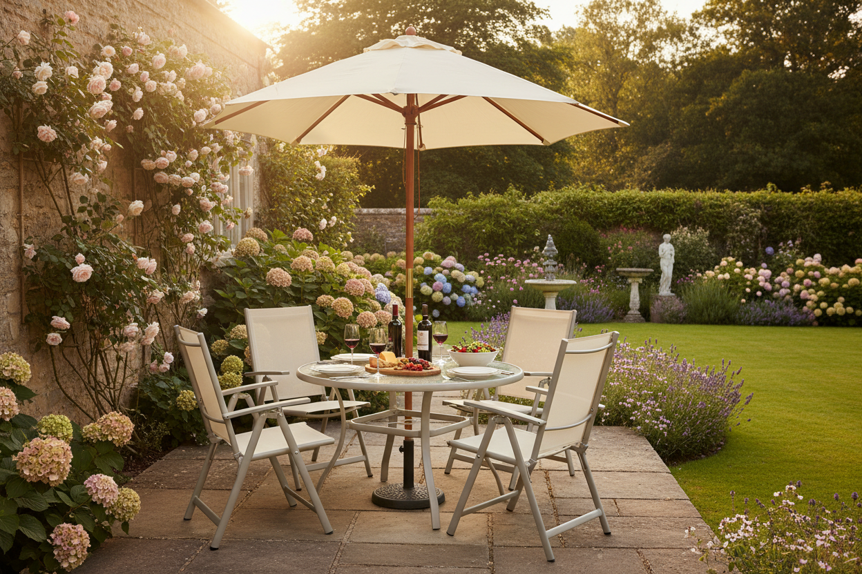 Cream outdoor garden furniture set with glass table and folding chairs on an elegant terrace