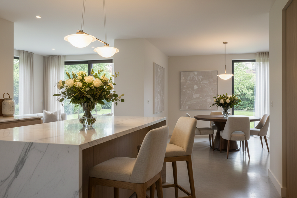 Pair of luxury beige linen bar stools at a marble kitchen island with fresh flowers and warm lighting