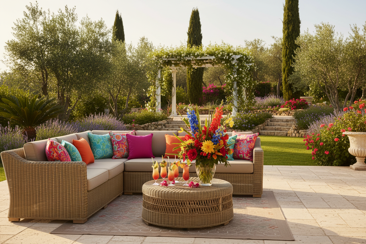 Luxury khaki rattan corner sofa set on a sun-drenched terrace with tropical cocktails and colourful flowers