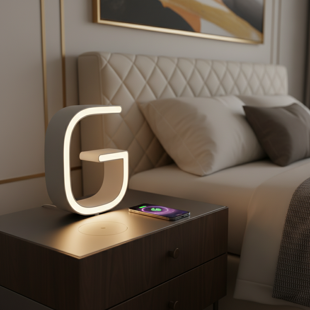 Luxury G-shaped LED smart atmosphere lamp on bedside table with warm mood lighting and wireless charging