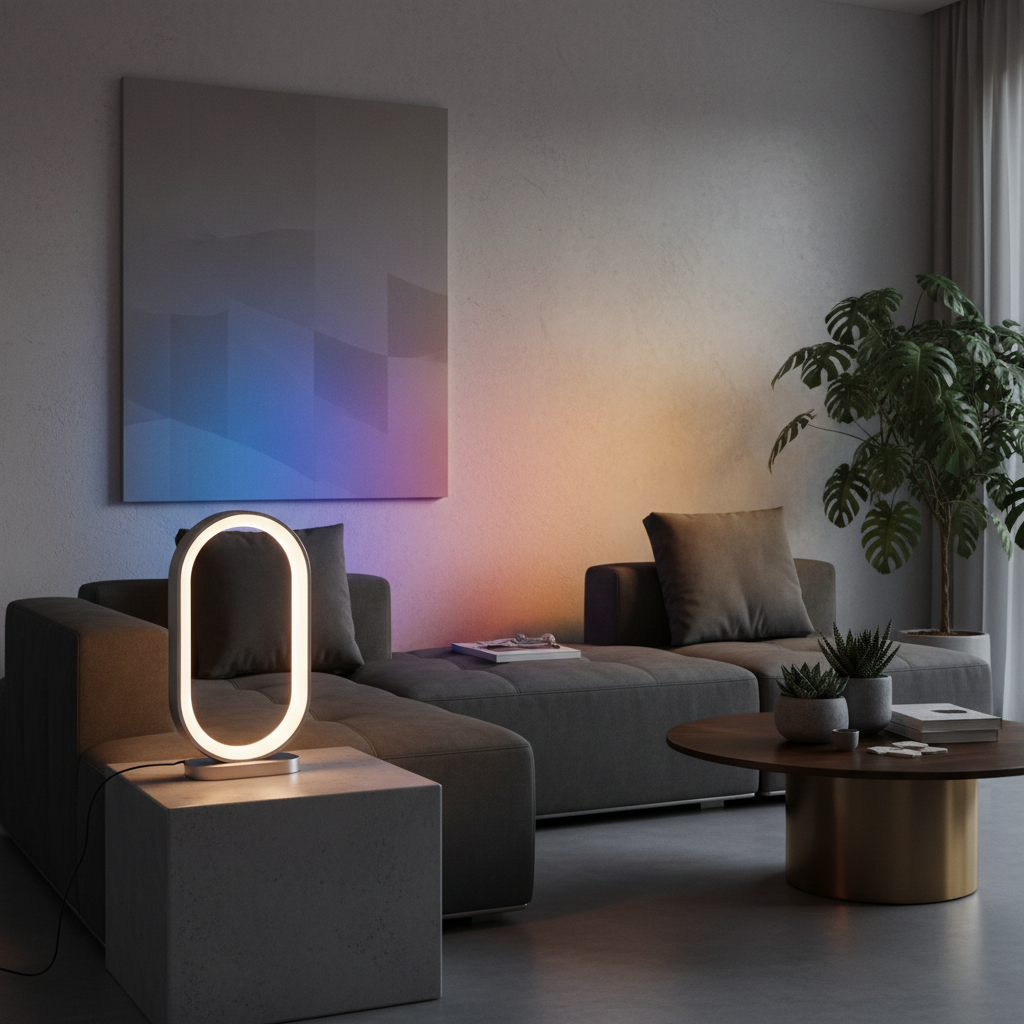 Smart G-shaped LED lamp with colourful mood lighting in a stylish modern living room