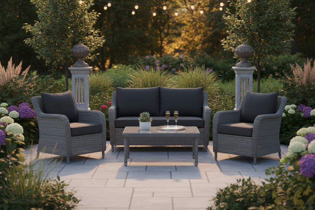 Luxury grey rattan sofa set with loveseat, armchairs and glass coffee table in an elegant garden setting