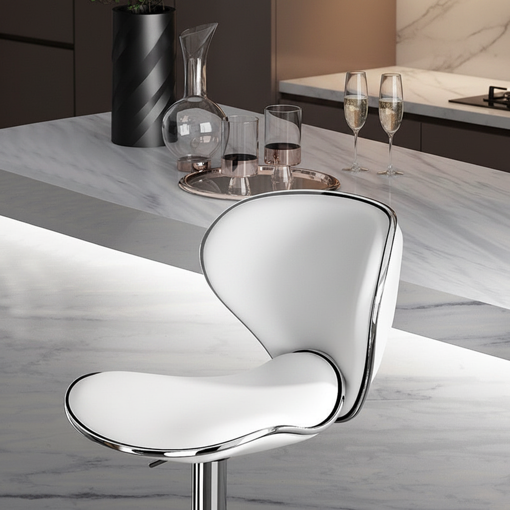 Luxury white leather swivel bar stool styled in a marble kitchen setting