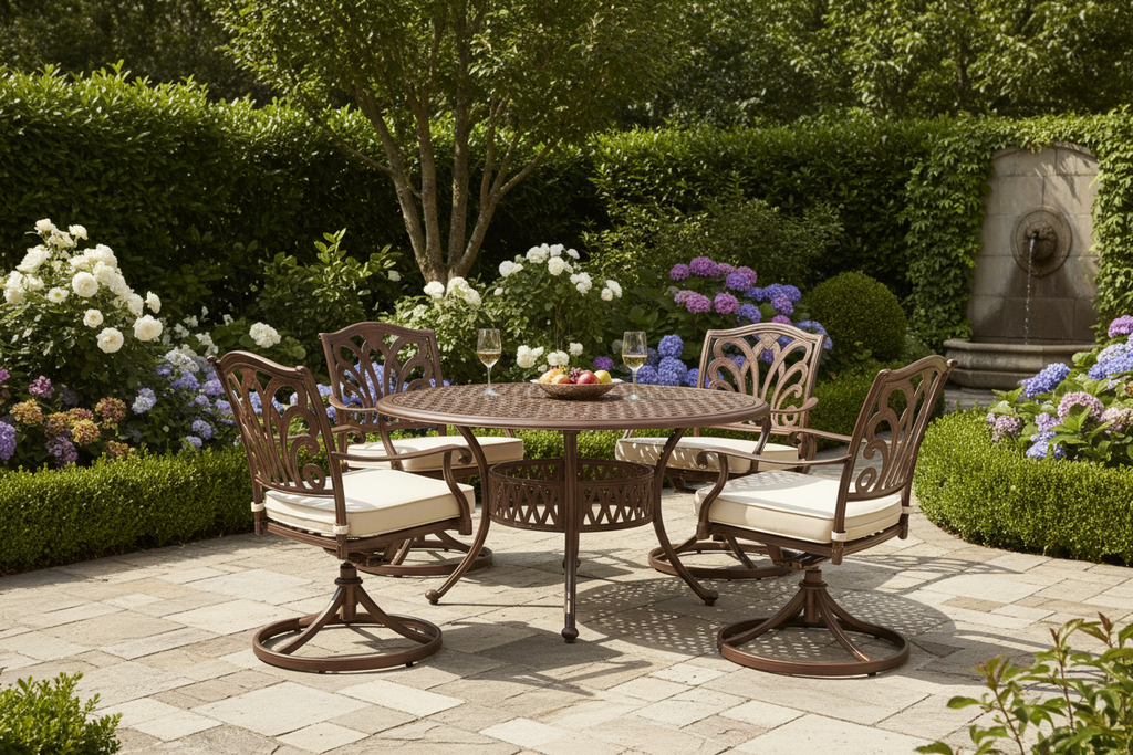 Luxury bronze tone cast aluminium 5-piece garden dining set on an elegant patio with lush garden backdrop