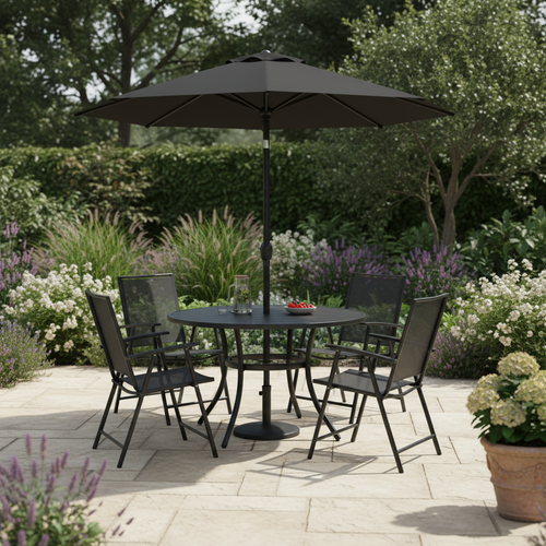 Luxury black aluminium 6-piece garden bistro set with parasol on elegant patio