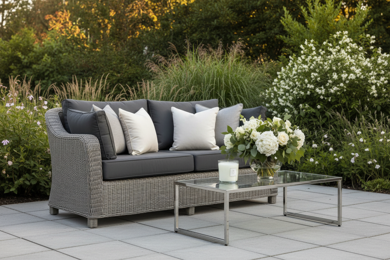 Close-up of luxury grey rattan loveseat with plush cushions and styled glass coffee table on a stone patio