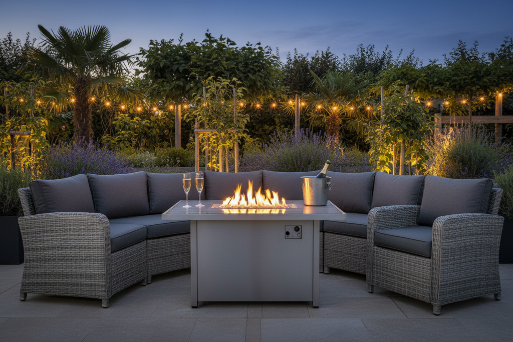 Luxury grey rattan sofa set with glowing fire pit table in an elegant evening garden setting