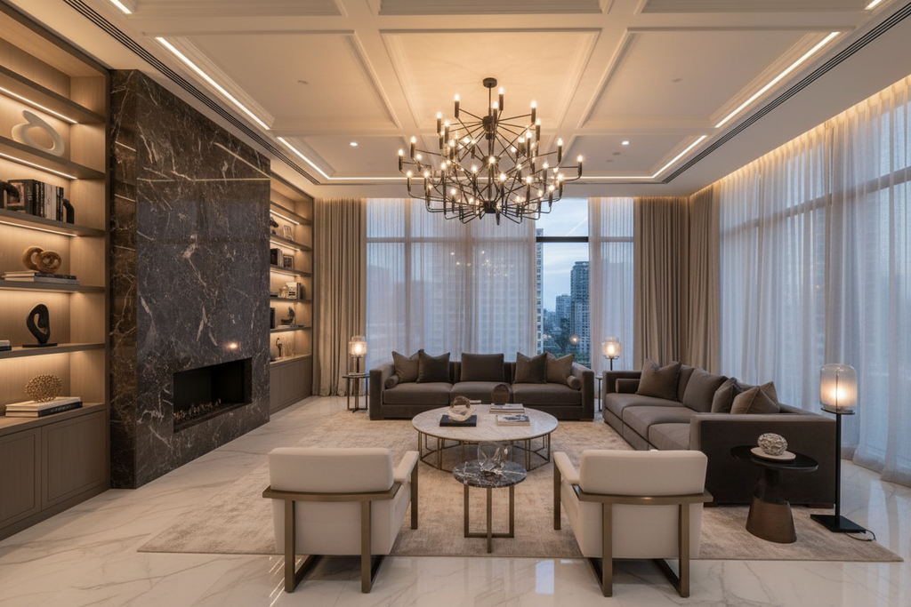 Black Nordic multi-head chandelier in a luxury double-height living room with warm ambient lighting