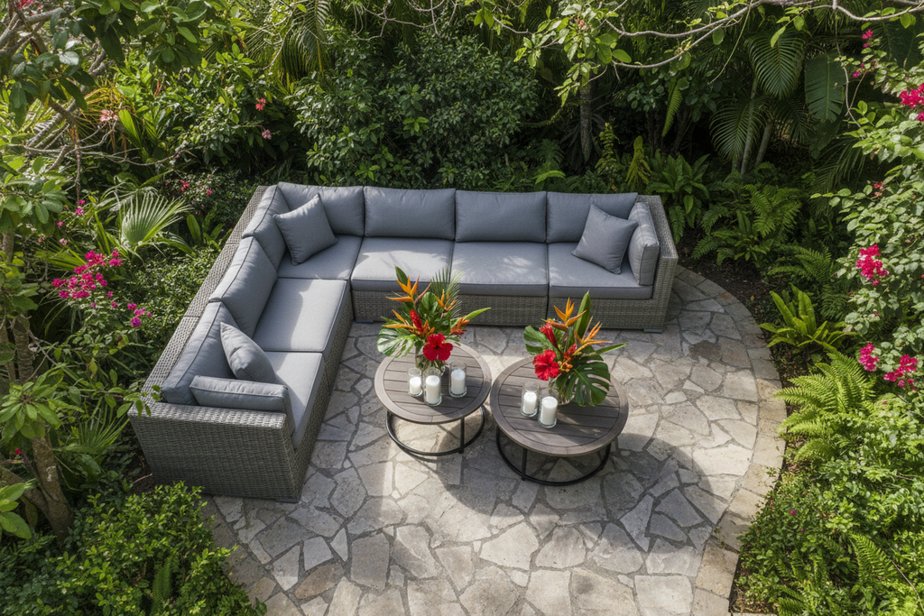 Aerial view of luxury grey rattan corner sofa set on a stone patio with candles and tropical flowers