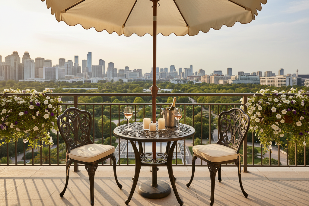 Elegant bronze bistro garden set for two on a luxury balcony with parasol and wine glasses