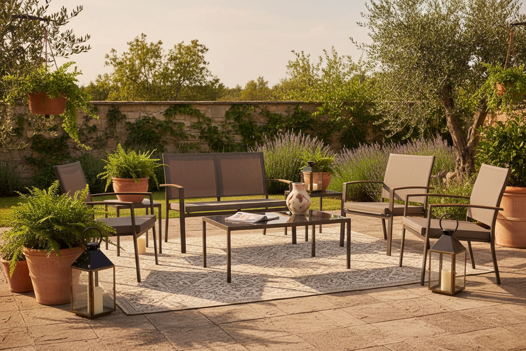Luxury mixed brown metal garden sofa set with loveseat, armchairs and glass coffee table on a sunny patio