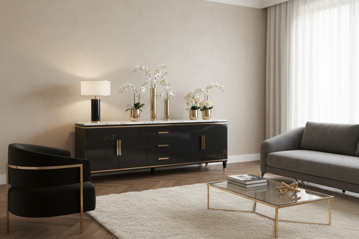 Black and gold sideboard credenza with marble top styled in an elegant modern living room