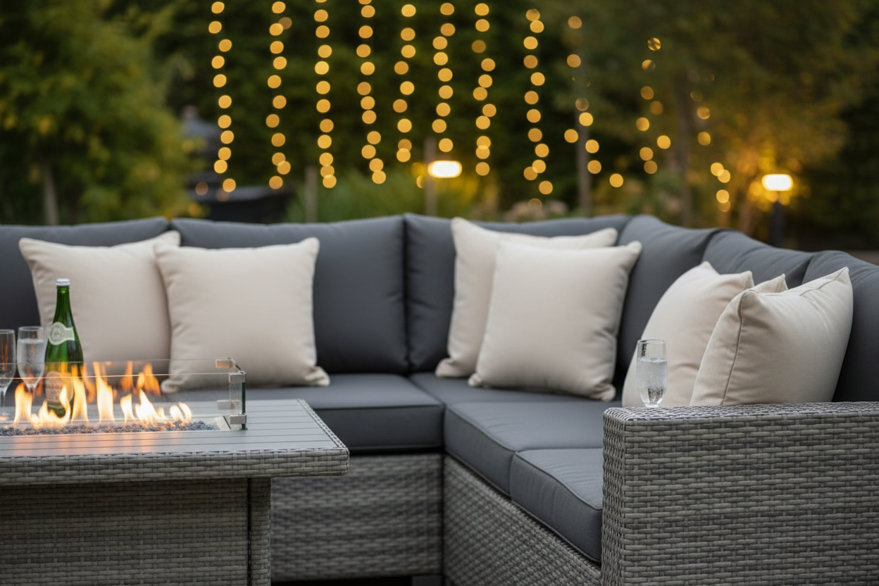 Close-up of premium grey rattan corner sofa with plush cushions and fire pit table