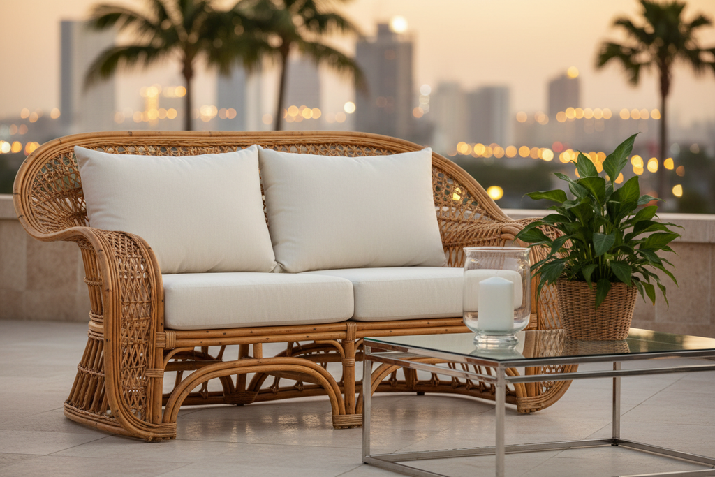 Close-up of natural wood finish rattan loveseat with plush cream cushions and styled glass coffee table
