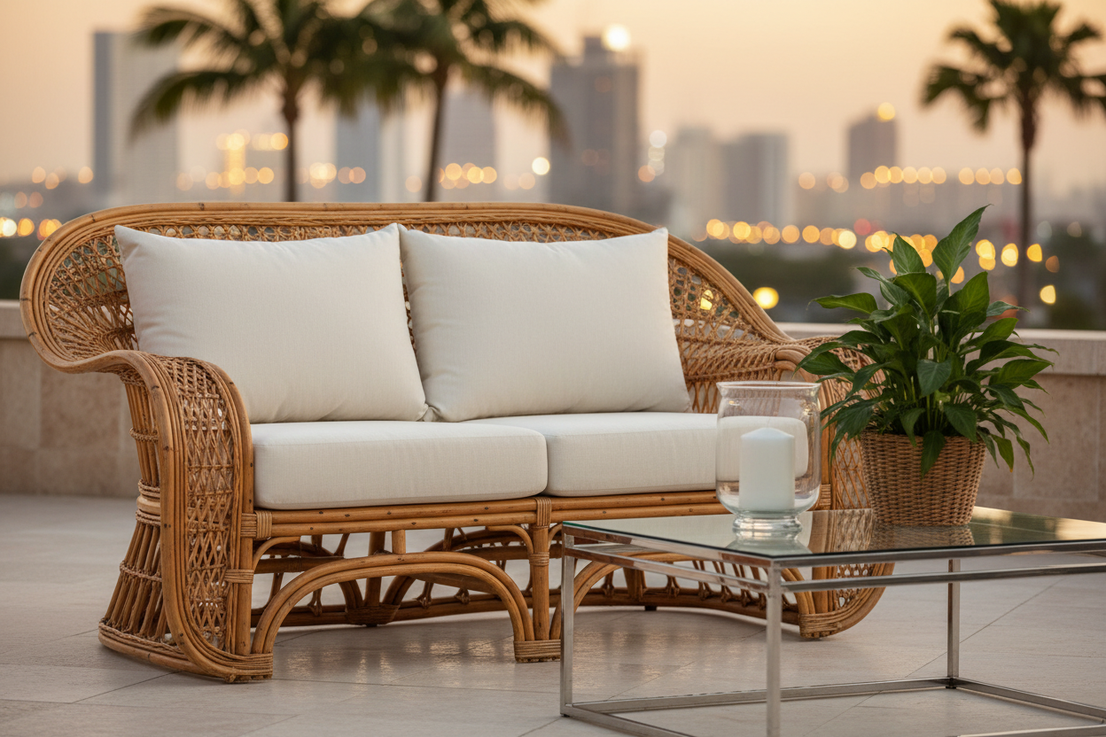 Close-up of natural wood finish rattan loveseat with plush cream cushions and styled glass coffee table
