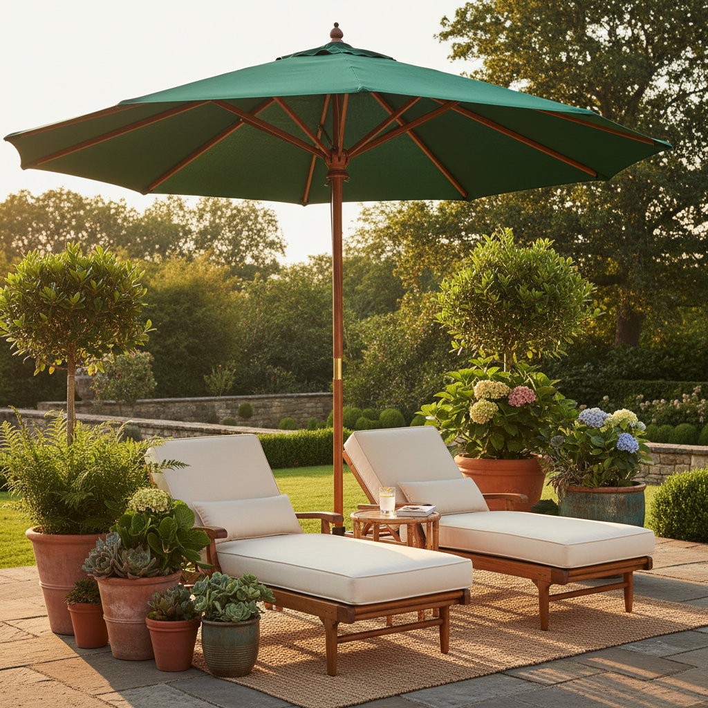Forest green garden parasol with cream cushioned chairs in golden hour garden setting
