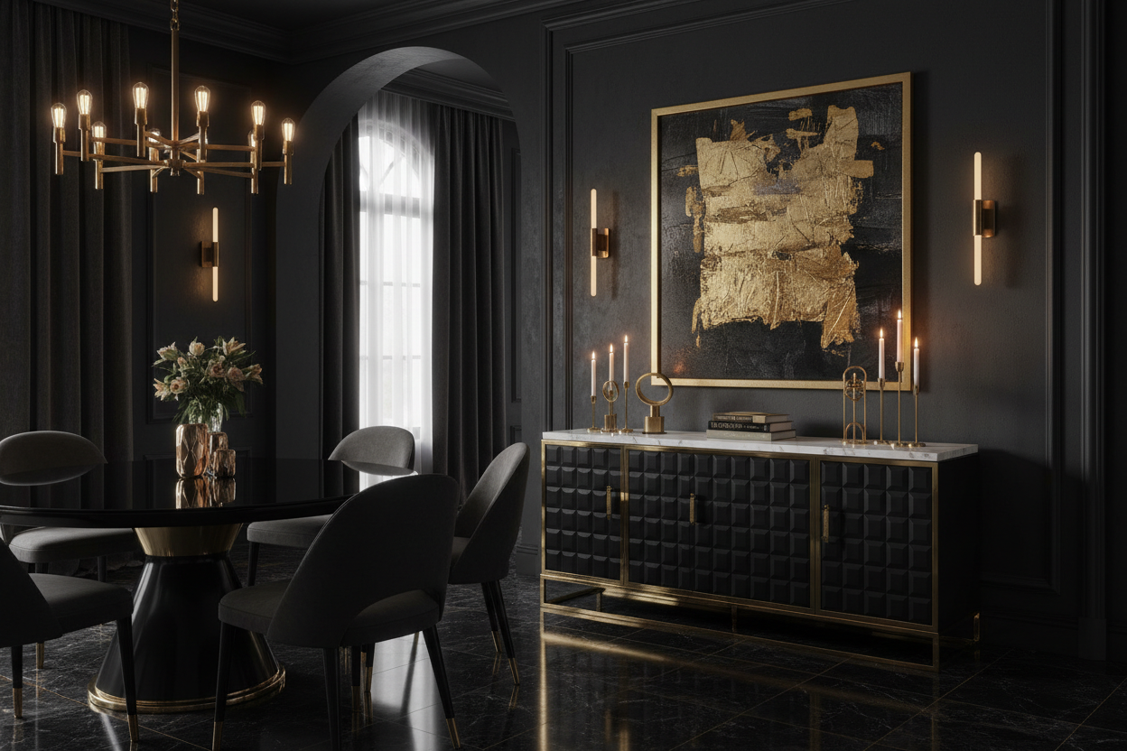 Luxury black and gold buffet sideboard cabinet with faux marble top styled in a dramatic luxury dining room