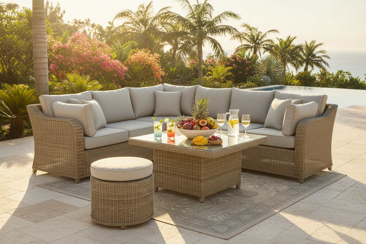 Luxury khaki wicker corner sofa set with light grey cushions and glass table on a sunny garden patio