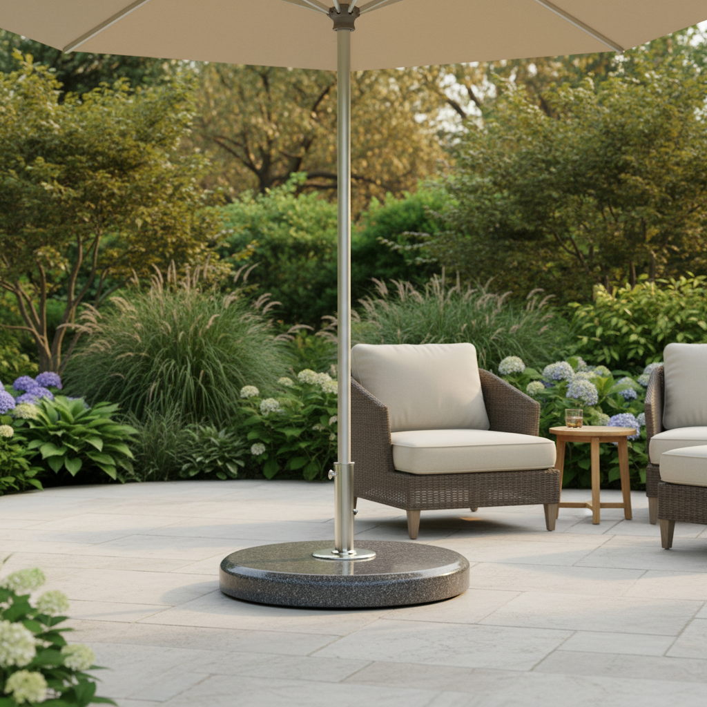 Luxury circular outdoor parasol base on elegant stone patio with garden umbrella in warm summer light