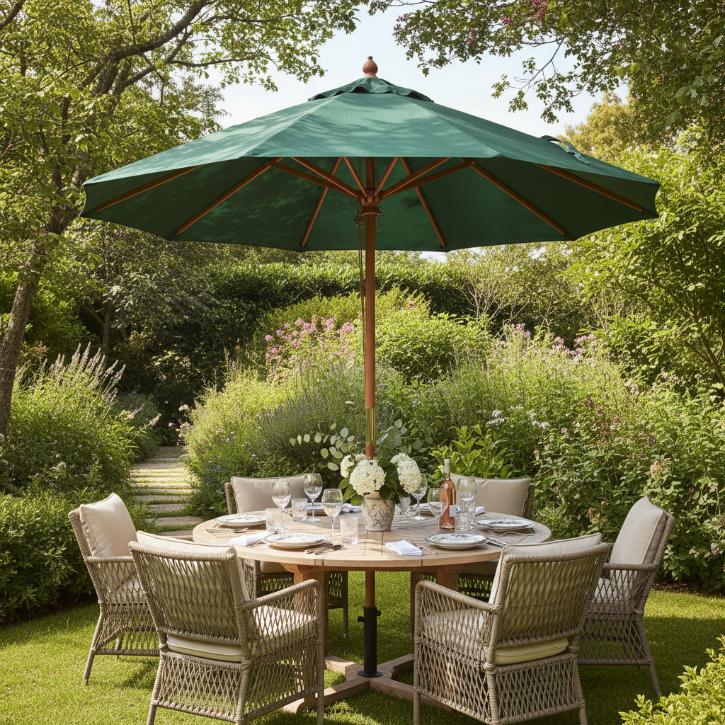 Luxury forest green garden parasol over outdoor dining table in lush garden setting