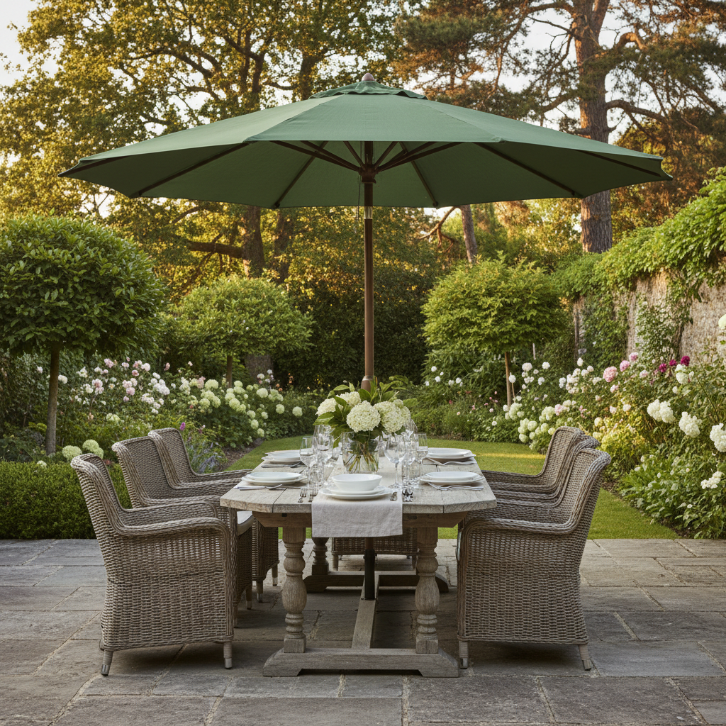 Luxury forest green garden parasol over elegant outdoor dining table on stone terrace in warm summer light