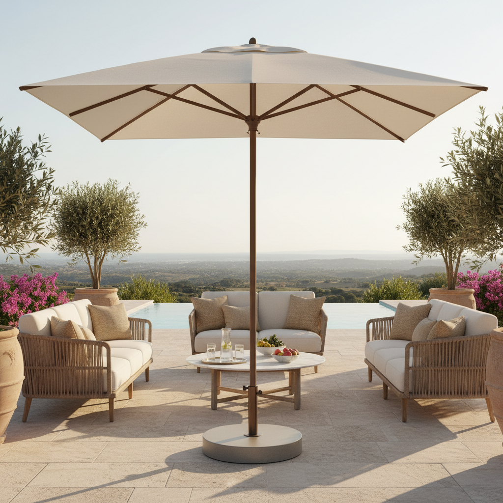 Luxury off white garden parasol with round base over stylish villa outdoor lounge area in golden hour light