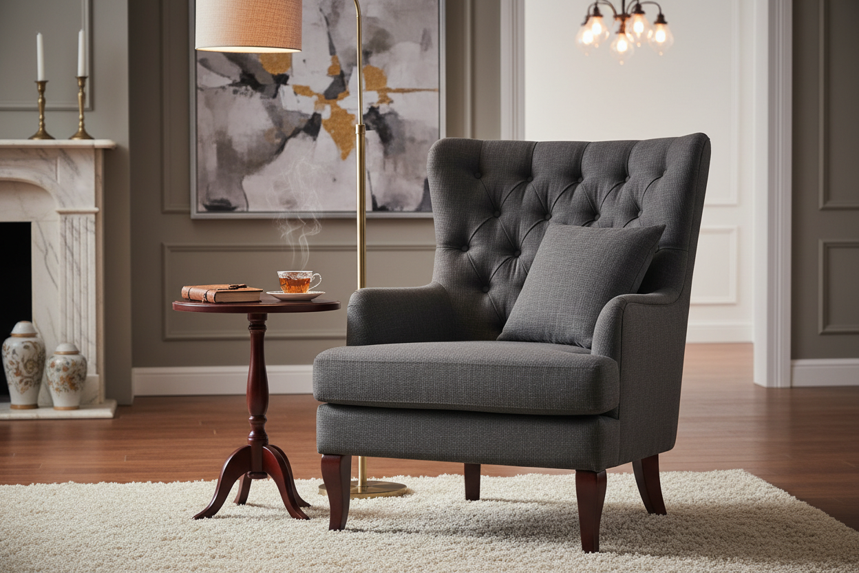 Luxury charcoal grey linen accent chair with button tufting and wood legs in an elegant living room setting