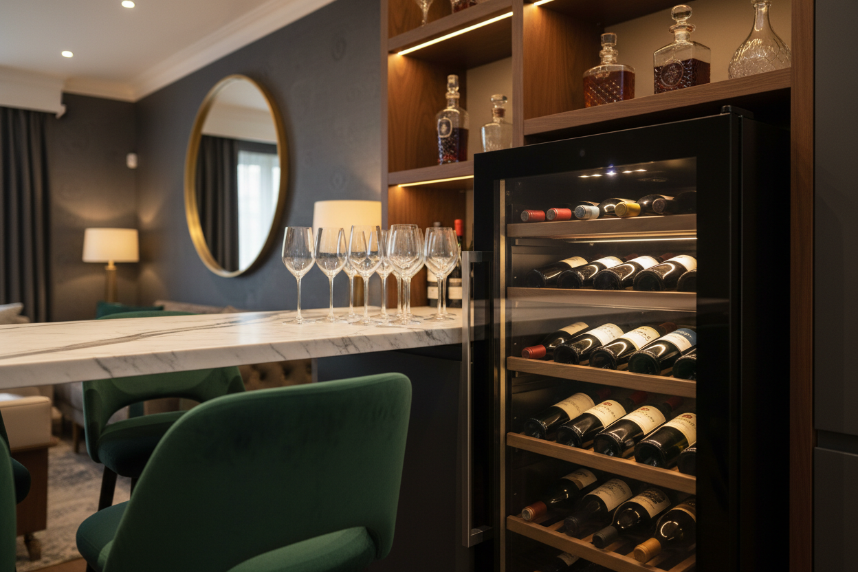 Sleek black freestanding wine fridge with glass door and LED lighting in a luxury home bar setting