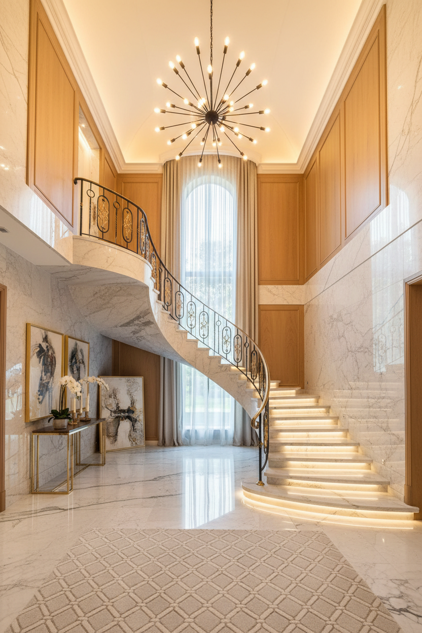 Dramatic black multi-head Nordic chandelier cascading down a grand marble staircase in a luxury duplex villa