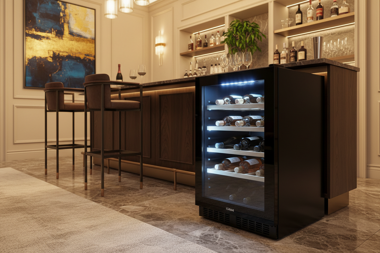 Black compact wine cooler fridge on a home bar shelf with bottles visible through glass door