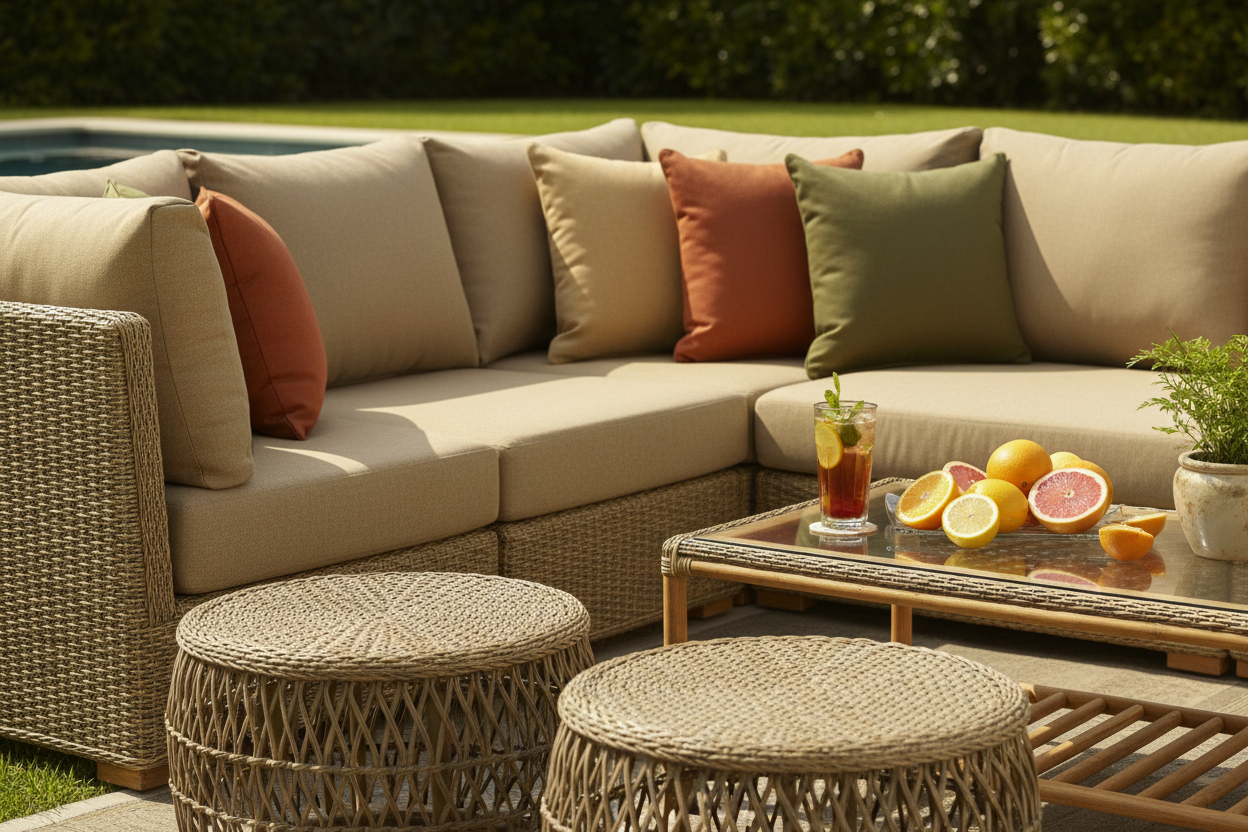 Close-up of luxury khaki rattan corner sofa with plush cushions and styled coffee table in bright natural daylight