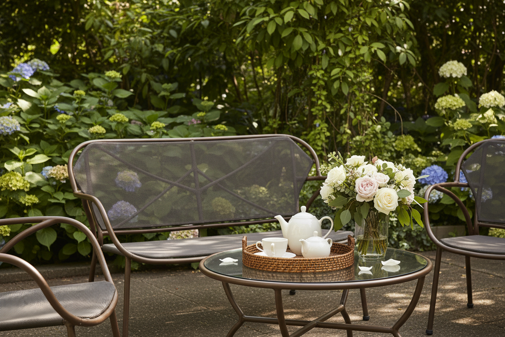 Close-up of mixed brown metal garden loveseat and armchairs with glass coffee table styled with tea and flowers