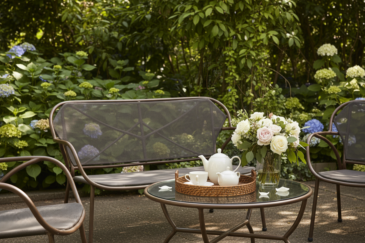 Close-up of mixed brown metal garden loveseat and armchairs with glass coffee table styled with tea and flowers