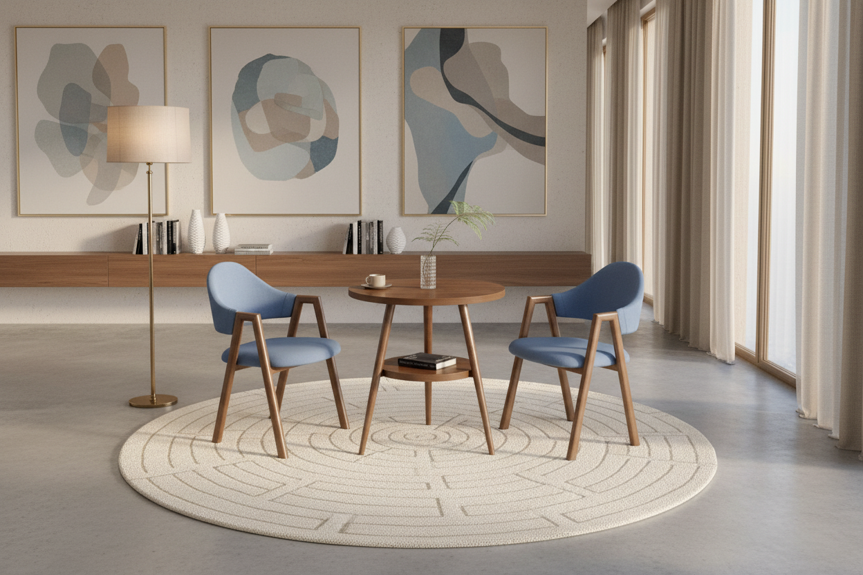 Luxury double-layer round table and blue fabric chairs styled in a modern living room