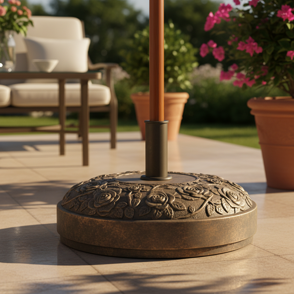 Close up detail of bronze tone floral resin parasol base in warm afternoon garden light
