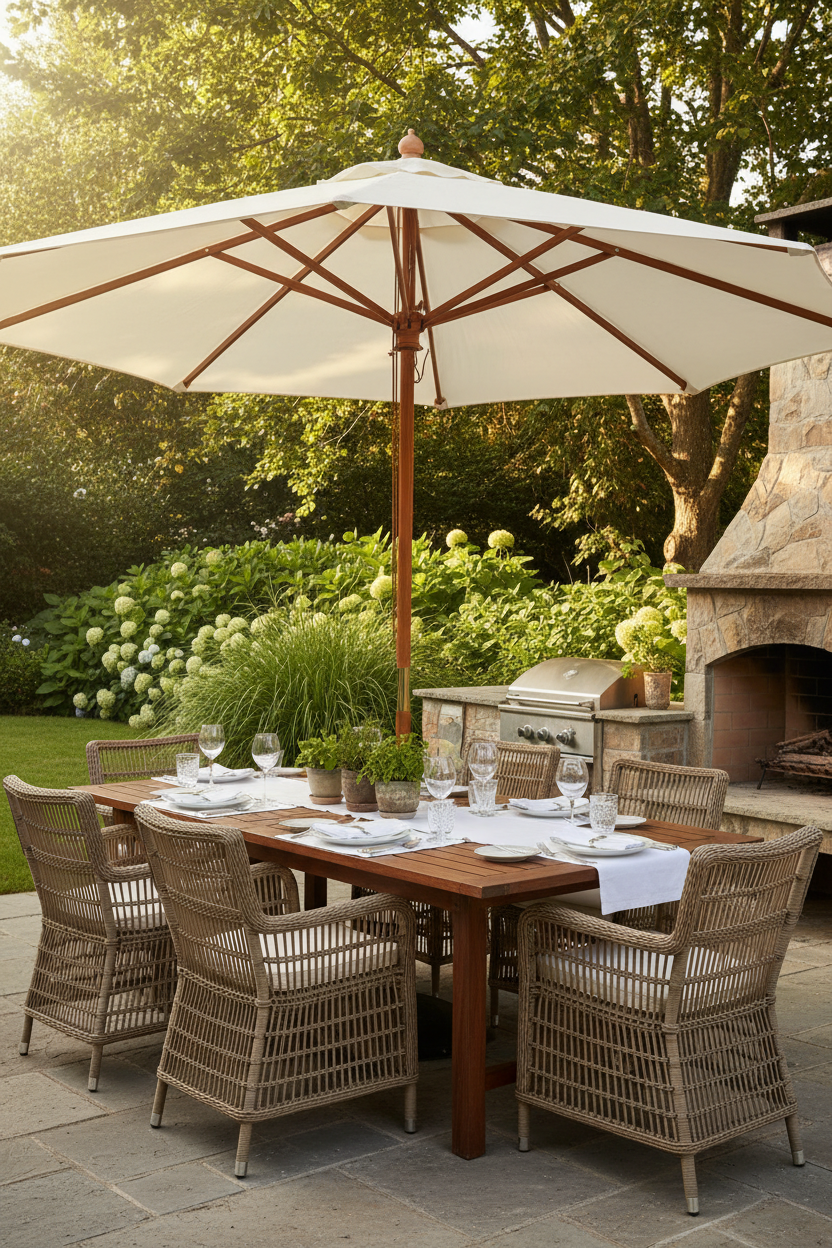Elegant cream white garden parasol open over a luxury outdoor patio dining area with natural wood and bamboo frame
