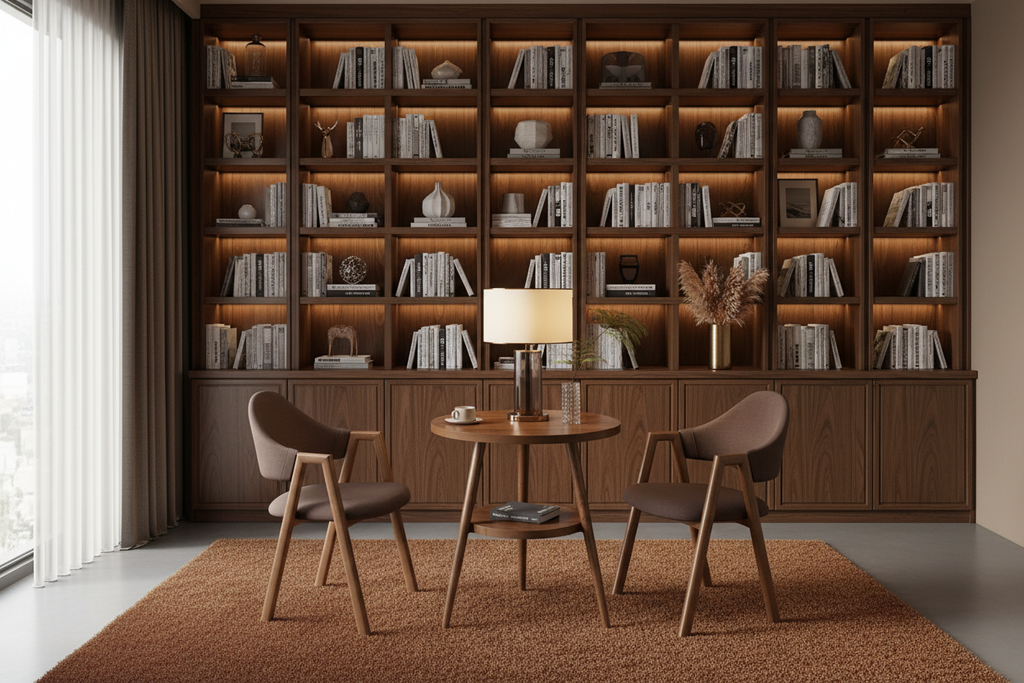 Double-layer round table and brown fabric chairs styled in a luxury home office reading nook