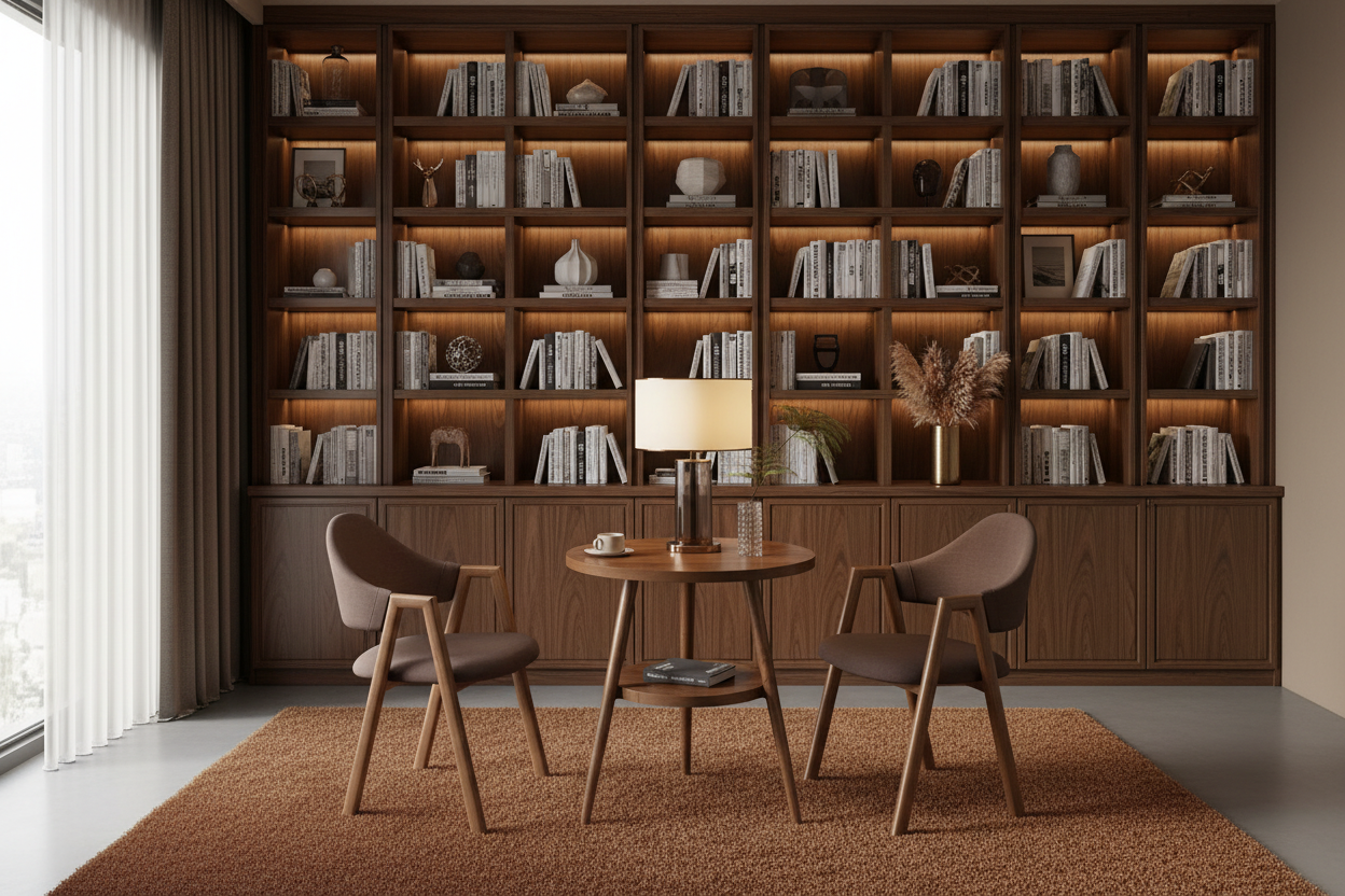 Double-layer round table and brown fabric chairs styled in a luxury home office reading nook