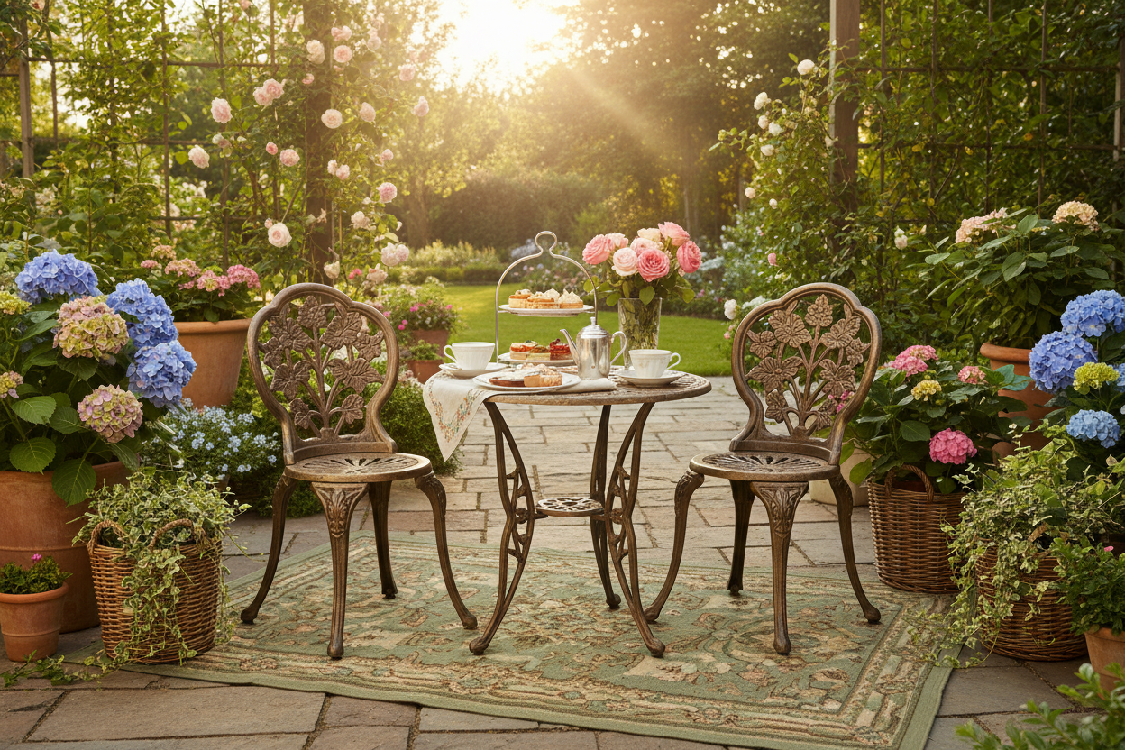 Luxury bronze cast aluminium 3-piece bistro set with floral design on a sunny garden patio