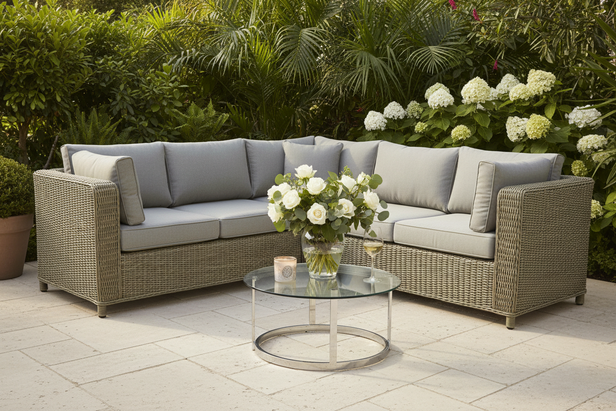Close-up of luxury khaki rattan corner sofa with light grey cushions and styled glass table in a garden setting