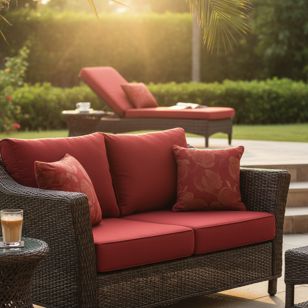 Close up of dark coffee rattan outdoor sofa with red cushions and sun lounger in golden hour light