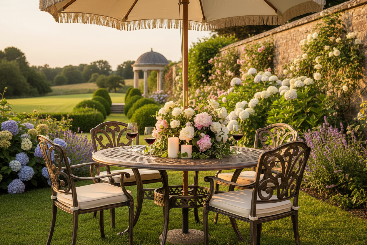 Bronze garden dining set styled with wine glasses and flowers in a beautiful English garden setting