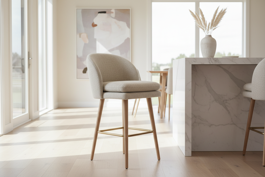 Close-up of a stylish beige linen bar stool with padded seat and solid wood legs in a bright contemporary interior